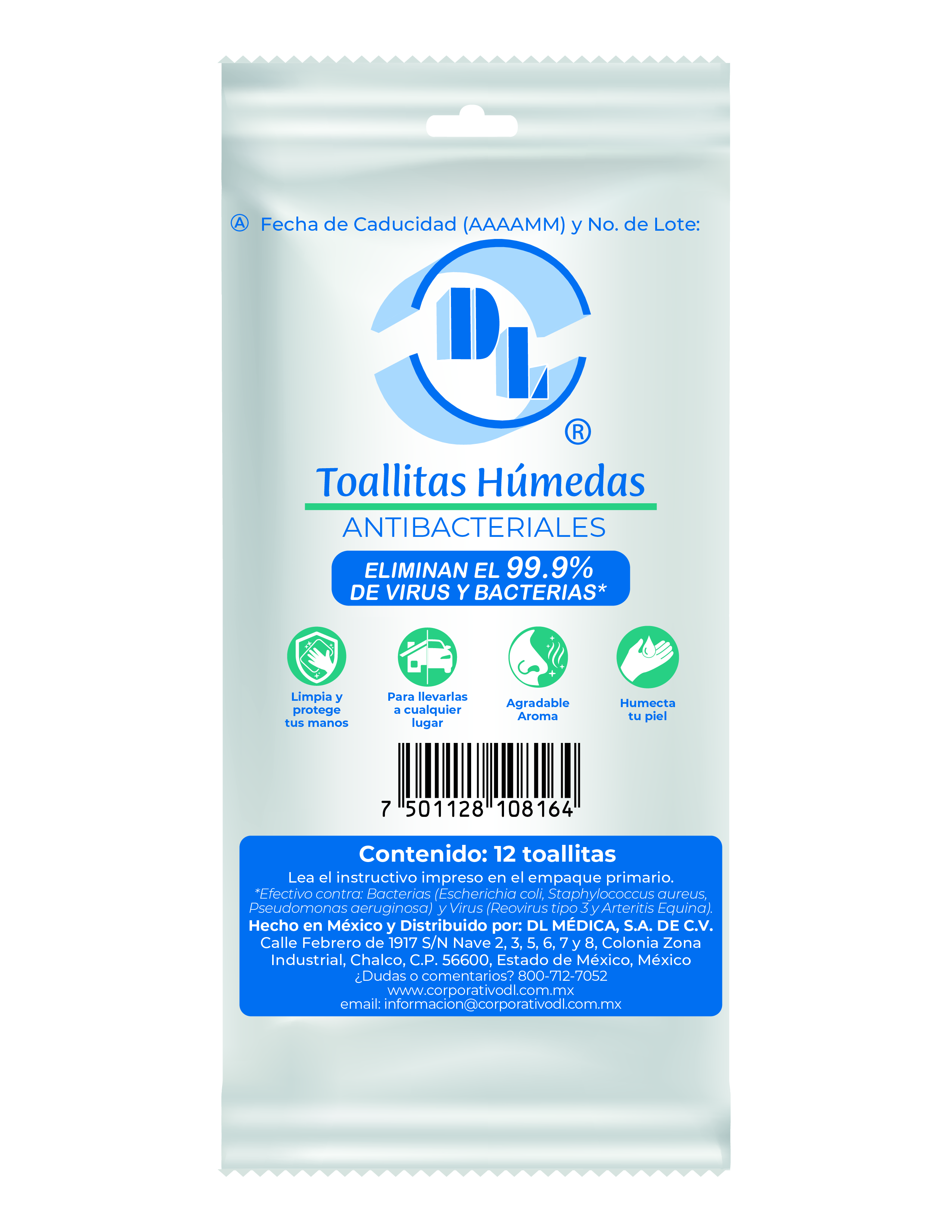 Las Toallitas húmedas antibacteriales, están indicadas para la limpieza y desinfección de la piel y manos. Con agradable fragancia a cítricos. Sin sensación pegajosa. Contiene Cloruro de Benzalconio que actúa como desinfectante y antibacterial que ayuda a eliminar el 99.9% de virus y bacterias. Para uso externo exclusivamente.